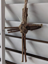 Load image into Gallery viewer, Handmade Upcycled Wisteria Vine Fabric Cross Jute Twine Jesus Because He Lives Christian Roses Good Friday Basket Simple Primitive Easter
