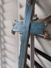 Load image into Gallery viewer, Handmade Upcycled Paneling Turquoise Cross Jute Twine Wire Jesus Floral Bejeweled Glitter Christian Good Friday Basket Easter Knotted Beads
