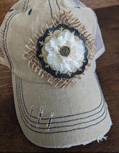 Load image into Gallery viewer, rustic boho truckers hat tan cream flower vintage unique woman teen mom mothers day mawmaw ball cap 
