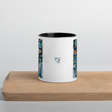 Load image into Gallery viewer, Peace Be Still Cross Reclaimed Wood Design Print Mug with Color Inside in Black Original artwork by Chandra Carmack Coffee Tea
