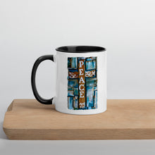 Load image into Gallery viewer, Peace Be Still Cross Reclaimed Wood Design Print Mug with Color Inside in Black Original artwork by Chandra Carmack Coffee Tea
