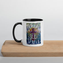 Load image into Gallery viewer, When We All See Jesus original artwork painting by Chandra Carmack printed on Coffee Mug with Color options Inside black blue yellow
