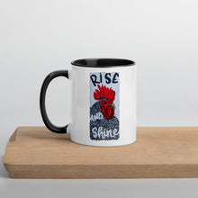 Load image into Gallery viewer, Rise And Shine Chicken Mug with Color Inside original art by Chandra Carmack of Re-Assigned farmhouse farm henhouse black white love coffee
