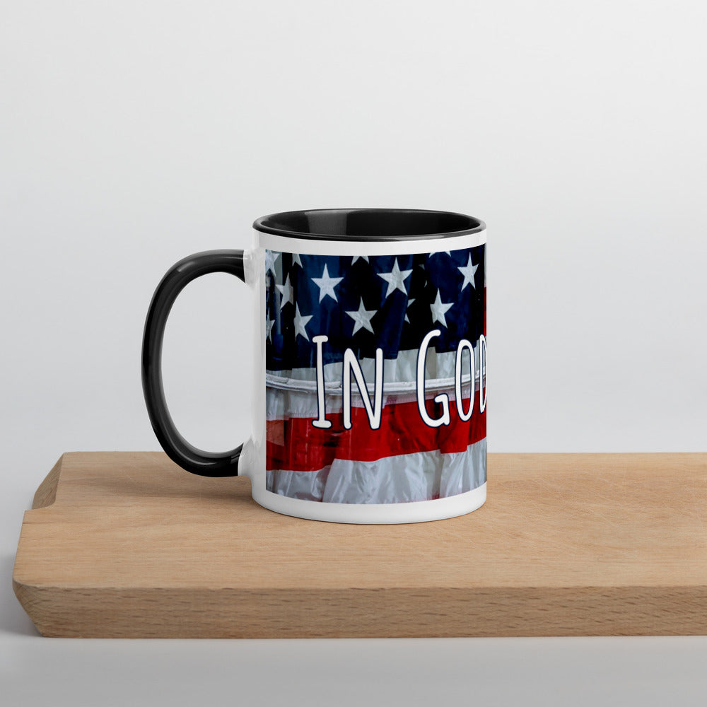 In God We Trust Mug with Color Inside American Flag Antique Window Original Photo and Art by Chandra Carmack of Re-Assigned