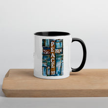 Load image into Gallery viewer, Peace Be Still Cross Reclaimed Wood Design Print Mug with Color Inside in Black Original artwork by Chandra Carmack Coffee Tea
