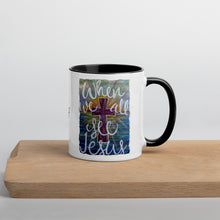 Load image into Gallery viewer, When We All See Jesus original artwork painting by Chandra Carmack printed on Coffee Mug with Color options Inside black blue yellow
