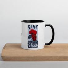 Load image into Gallery viewer, Rise And Shine Chicken Mug with Color Inside original art by Chandra Carmack of Re-Assigned farmhouse farm henhouse black white love coffee
