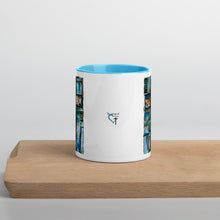 Load image into Gallery viewer, Peace Be Still Cross Reclaimed Wood Design Print Mug with Color Inside in Black Original artwork by Chandra Carmack Coffee Tea
