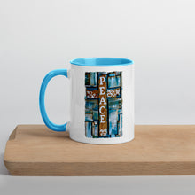 Load image into Gallery viewer, Peace Be Still Cross Reclaimed Wood Design Print Mug with Color Inside in Black Original artwork by Chandra Carmack Coffee Tea
