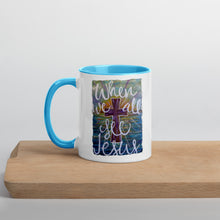 Load image into Gallery viewer, When We All See Jesus original artwork painting by Chandra Carmack printed on Coffee Mug with Color options Inside black blue yellow
