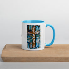 Load image into Gallery viewer, Peace Be Still Cross Reclaimed Wood Design Print Mug with Color Inside in Black Original artwork by Chandra Carmack Coffee Tea
