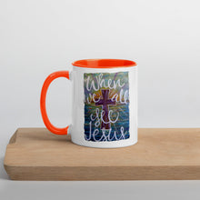 Load image into Gallery viewer, When We All See Jesus original artwork painting by Chandra Carmack printed on Coffee Mug with Color options Inside black blue yellow
