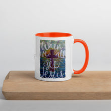 Load image into Gallery viewer, When We All See Jesus original artwork painting by Chandra Carmack printed on Coffee Mug with Color options Inside black blue yellow
