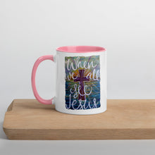 Load image into Gallery viewer, When We All See Jesus original artwork painting by Chandra Carmack printed on Coffee Mug with Color options Inside black blue yellow
