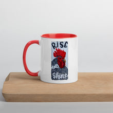 Load image into Gallery viewer, Rise And Shine Chicken Mug with Color Inside original art by Chandra Carmack of Re-Assigned farmhouse farm henhouse black white love coffee
