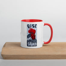 Load image into Gallery viewer, Rise And Shine Chicken Mug with Color Inside original art by Chandra Carmack of Re-Assigned farmhouse farm henhouse black white love coffee
