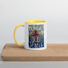 Load image into Gallery viewer, When We All See Jesus original artwork painting by Chandra Carmack printed on Coffee Mug with Color options Inside black blue yellow
