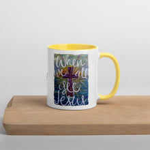 Load image into Gallery viewer, When We All See Jesus original artwork painting by Chandra Carmack printed on Coffee Mug with Color options Inside black blue yellow
