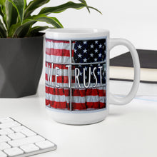 Load image into Gallery viewer, In God We Trust White glossy mug American Flag Antique Window Original Photo and Art by Chandra Carmack of Re-Assigned
