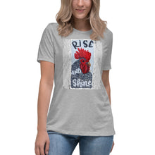 Load image into Gallery viewer, Rise and Shine Chicken Bella Women&#39;s Relaxed T-Shirt original artwork by Chandra Carmack of Re-Assigned farmhouse chicken Momma
