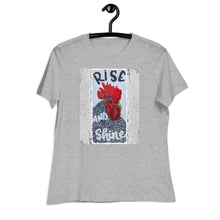 Load image into Gallery viewer, Rise and Shine Chicken Bella Women&#39;s Relaxed T-Shirt original artwork by Chandra Carmack of Re-Assigned farmhouse chicken Momma
