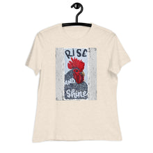 Load image into Gallery viewer, Rise and Shine Chicken Bella Women&#39;s Relaxed T-Shirt original artwork by Chandra Carmack of Re-Assigned farmhouse chicken Momma
