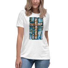 Load image into Gallery viewer, Bella Women&#39;s Relaxed T-Shirt Peace Be Still reclaimed wood cross original painting by Chandra Carmack of Re-Assigned
