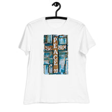 Load image into Gallery viewer, Bella Women&#39;s Relaxed T-Shirt Peace Be Still reclaimed wood cross original painting by Chandra Carmack of Re-Assigned
